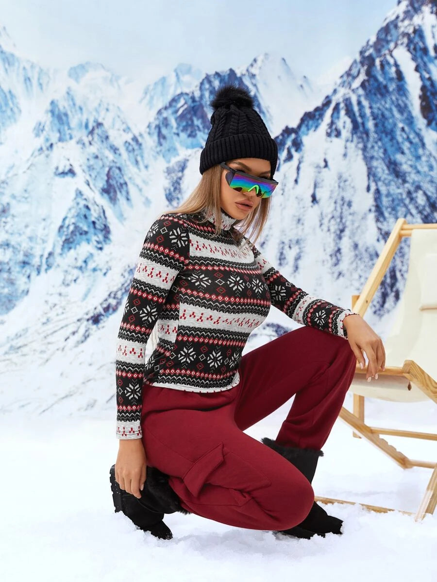 High Neck Fair Isle Print Slim Fit Tee