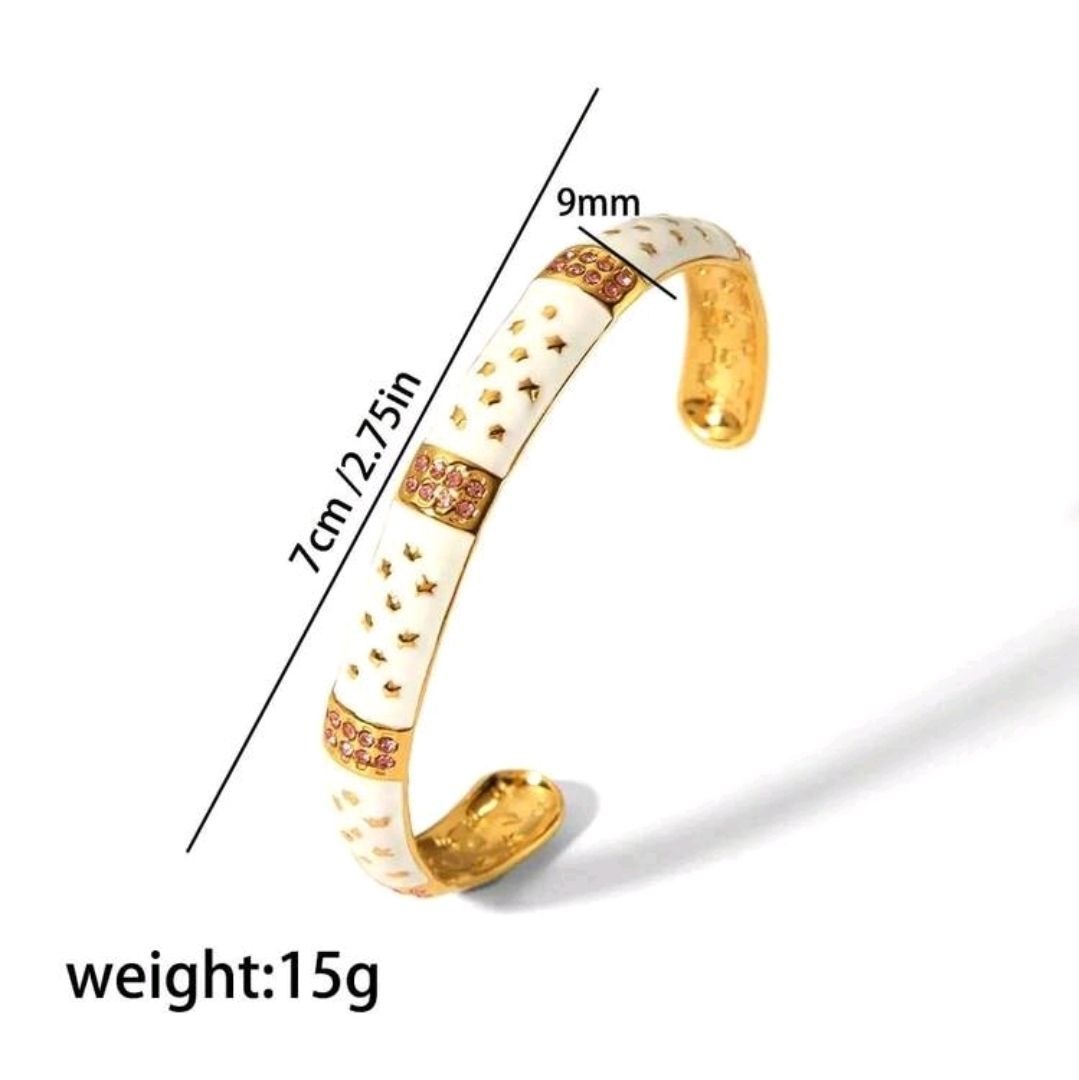 18K Gold Stainless Steel Adjustable Cuff Bracelet With Pink &amp; Evil Eye Design, Vintage Style
