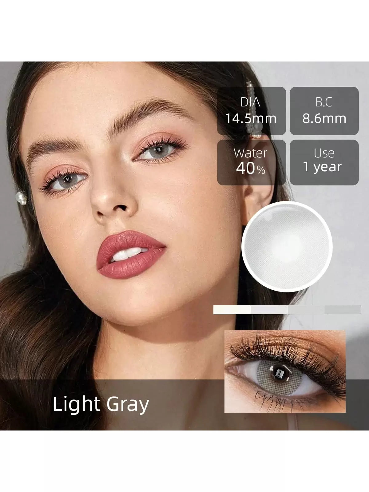 1 Pair Colorful Grey Cosmetic , Natural Vibrant Color, 14.5mm, Annual Disposable