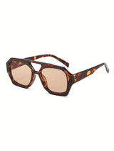 1 Pair Women's Leopard Print Polygon PC Frame Retro Double Bridge Fashionable Casual Style Glasses