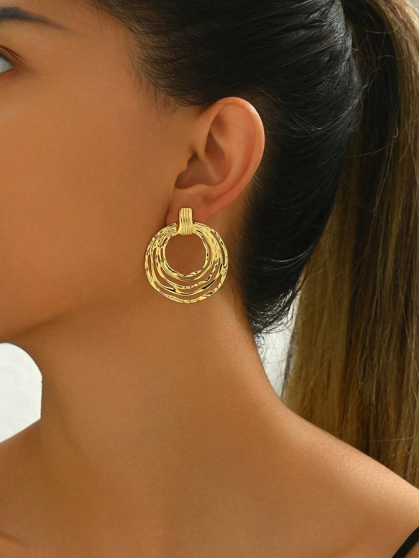 1pair Fashionable Stainless Steel 3-Hoop Circle Stud Earrings