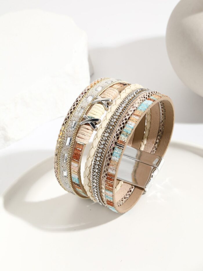 1pc Bohemia Style Wide Band Bracelet With Crystal Rhinestone Decor Wrapped Wire Bracelet Multi-layered Pu Leather Magnetic Clasp Bracelet