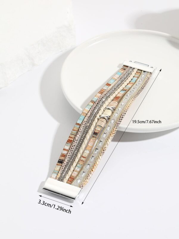 1pc Bohemia Style Wide Band Bracelet With Crystal Rhinestone Decor Wrapped Wire Bracelet Multi-layered Pu Leather Magnetic Clasp Bracelet