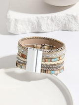 1pc Bohemia Style Wide Band Bracelet With Crystal Rhinestone Decor Wrapped Wire Bracelet Multi-layered Pu Leather Magnetic Clasp Bracelet