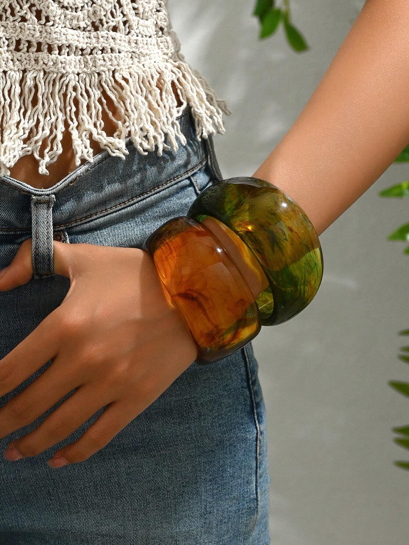 1pc Fashion Exaggerated Geometric Transparent Floral Resin Bangle