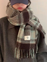 1pc Mint Green Plaid Scarf, Warm Mohair Blend Neck Warmer Shawl