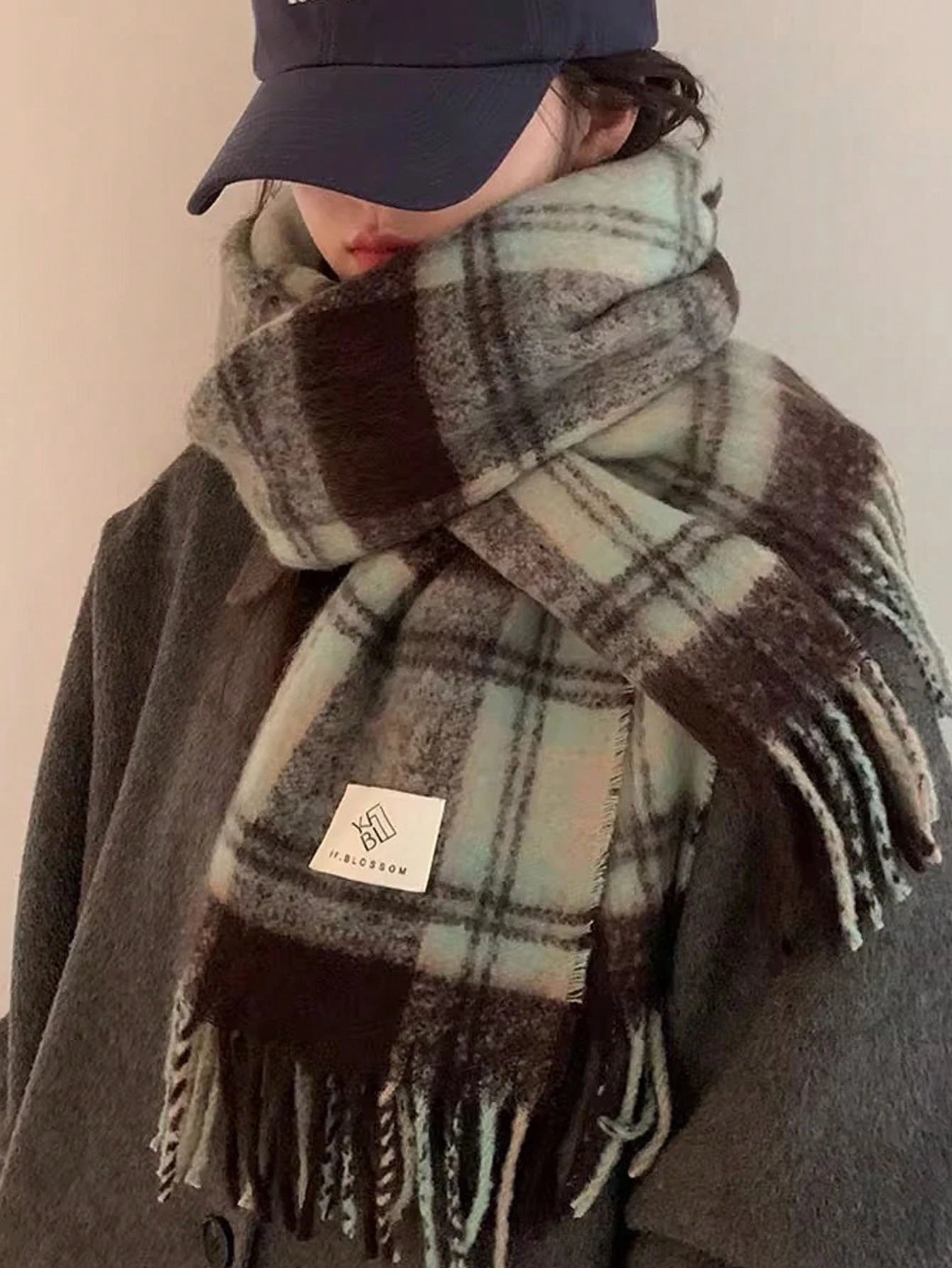 1pc Mint Green Plaid Scarf, Warm Mohair Blend Neck Warmer Shawl