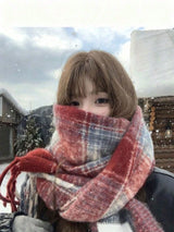 1pc Red Plaid Scarf For Women, Warm Shawl Wrap, Cozy Vibe Scarf
