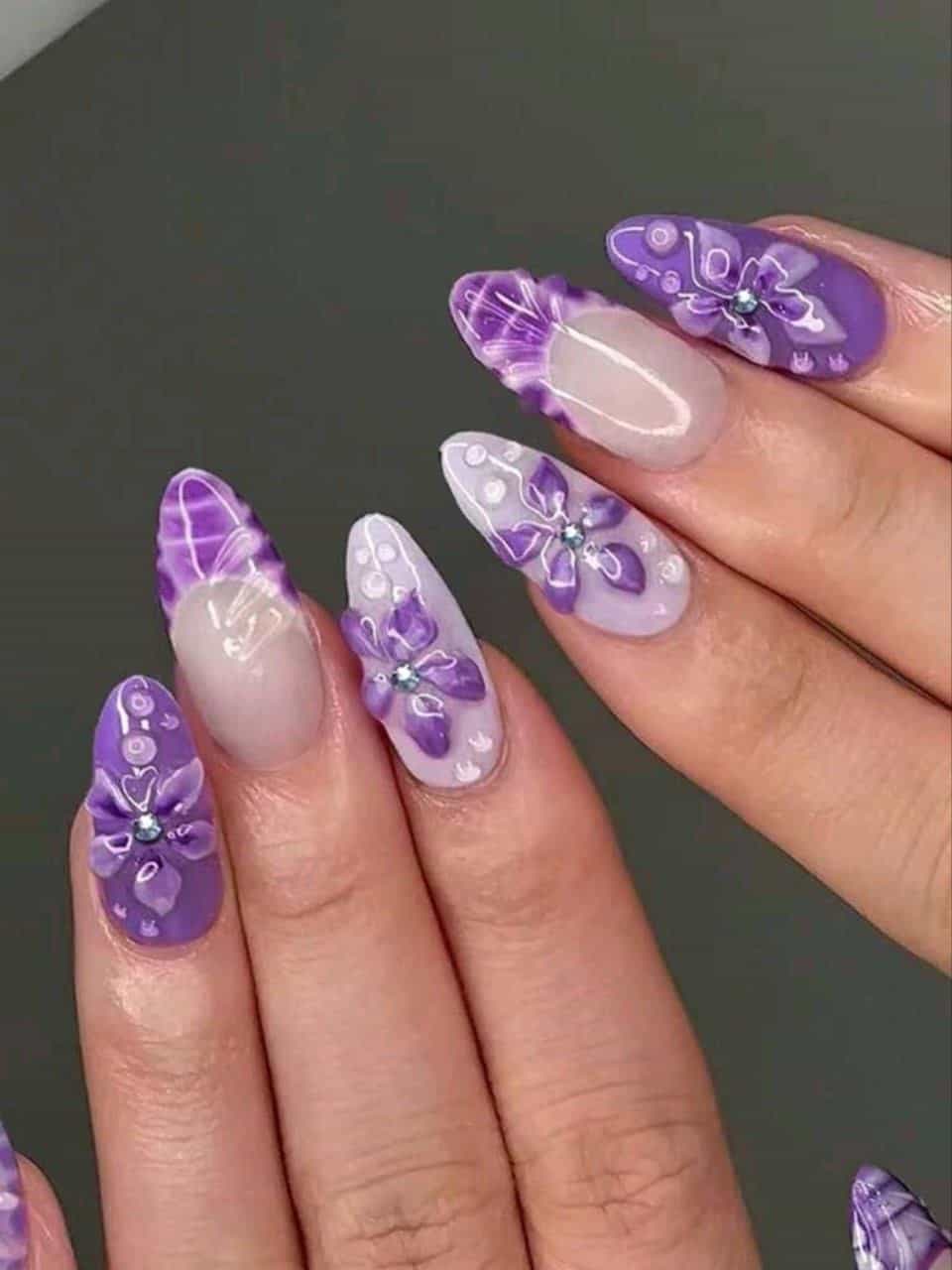 24Pcs Long Almond 3D Gel Nails Makes Flower Nails Design French Tip Press On Nails