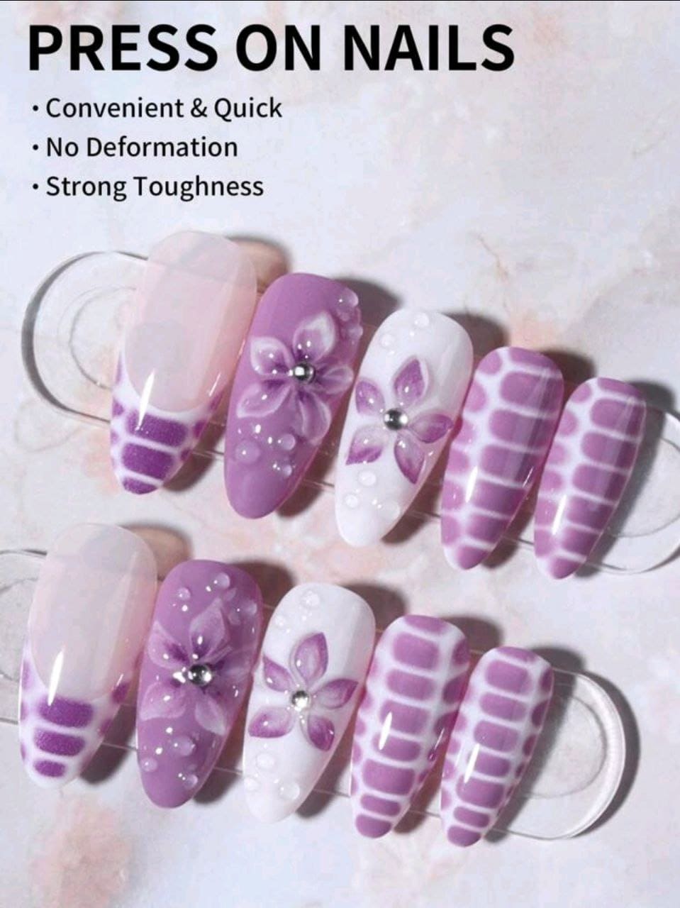 24Pcs Long Almond 3D Gel Nails Makes Flower Nails Design French Tip Press On Nails