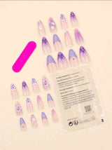 24pcs French Purple Fake Nails 3D Flowers Press On Nails Polka Dots Nails Art Short Almond Shape Press On Nails Manicure