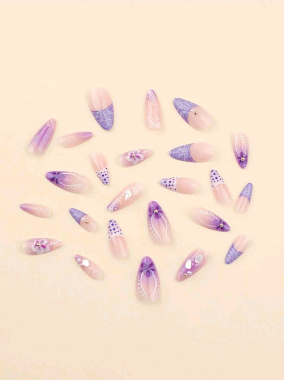 24pcs French Purple Fake Nails 3D Flowers Press On Nails Polka Dots Nails Art Short Almond Shape Press On Nails Manicure