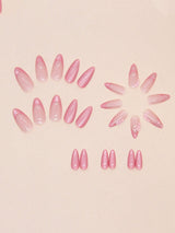 24pcs French Style Pink Cat Eye &amp; Small Flower Design Artificial Nails With Rhinestones