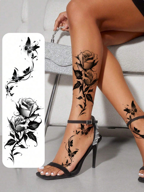 2pcs Black Flower &amp; Butterfly Temporary Tattoo Stickers For Women, Waterproof &amp; Long Lasting Fake Tattoo
