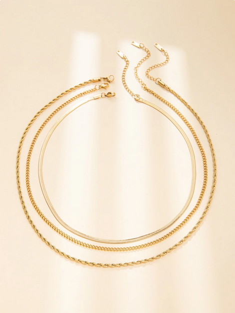 3pcs Stainless Steel Fashion Women's Herringbone Necklace Delicate Platinum Necklace