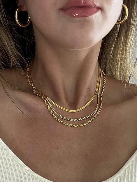 3pcs Stainless Steel Fashion Women's Herringbone Necklace Delicate Platinum Necklace