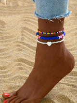 3pcs/Set Fashionable Random Color Soft Pottery Rice Bead &amp; Faux Pearl Beaded Heart Anklet Set