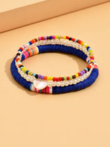 3pcs/Set Fashionable Random Color Soft Pottery Rice Bead &amp; Faux Pearl Beaded Heart Anklet Set