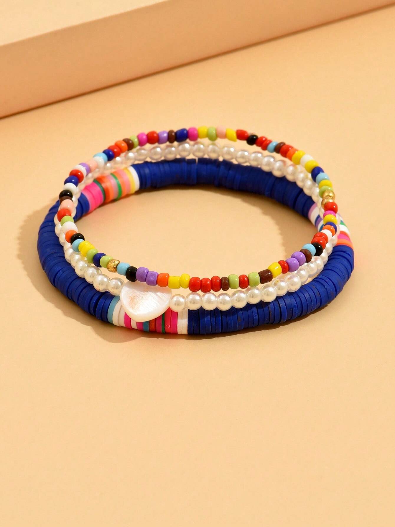 3pcs/Set Fashionable Random Color Soft Pottery Rice Bead &amp; Faux Pearl Beaded Heart Anklet Set