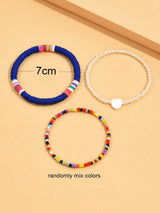 3pcs/Set Fashionable Random Color Soft Pottery Rice Bead &amp; Faux Pearl Beaded Heart Anklet Set