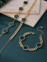 3pcs Set Women Rhinestone Embellished Thick Chain Green Clover Charm Bracelets