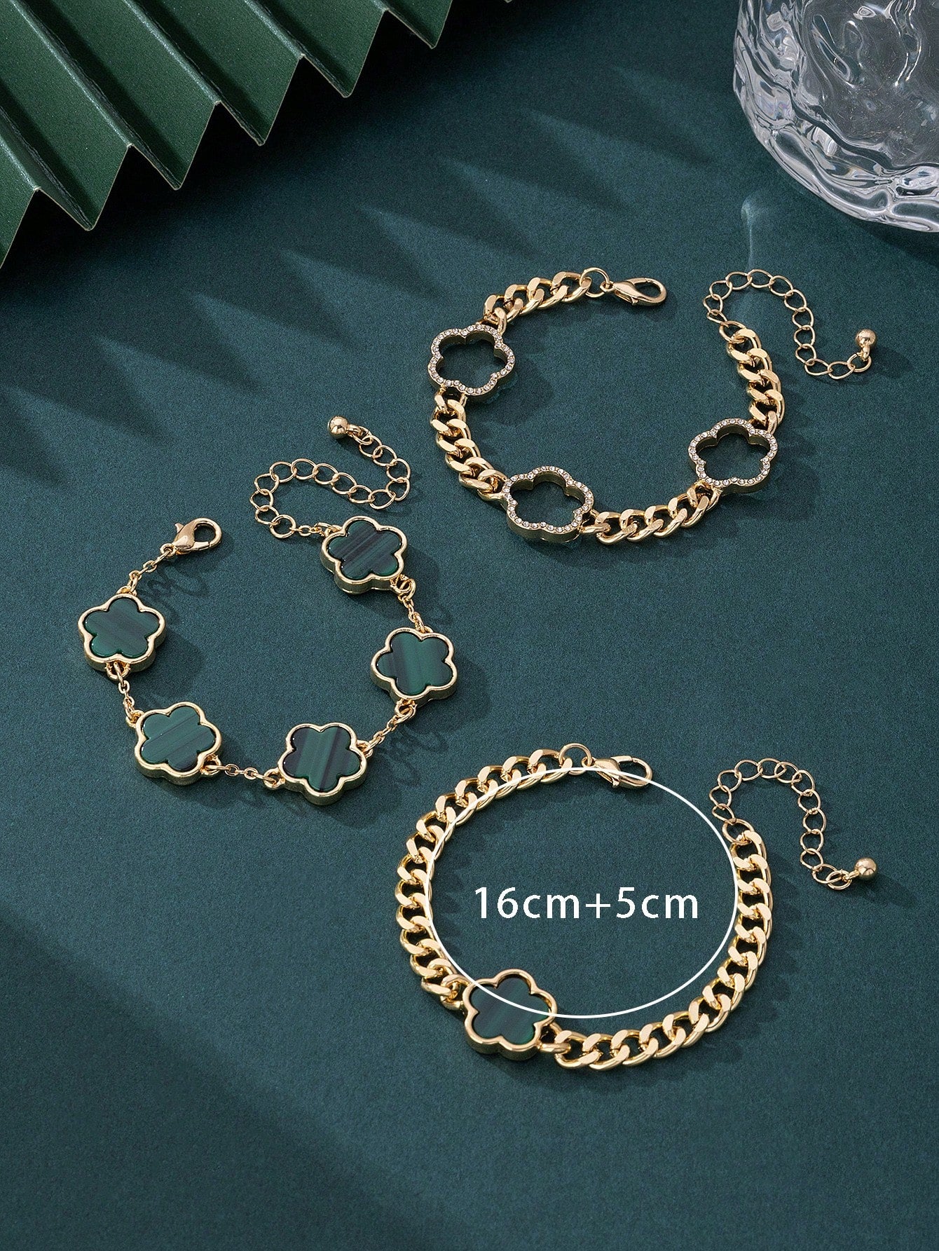 3pcs Set Women Rhinestone Embellished Thick Chain Green Clover Charm Bracelets