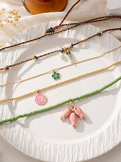 4pcs Bohemian Fish, Flower, Love Charm Pendant Multilayer Necklace Set Colorful Braided Rope Necklace
