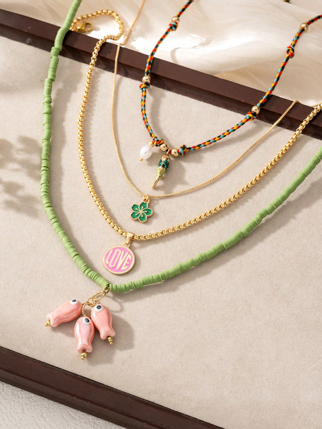 4pcs Bohemian Fish, Flower, Love Charm Pendant Multilayer Necklace Set Colorful Braided Rope Necklace