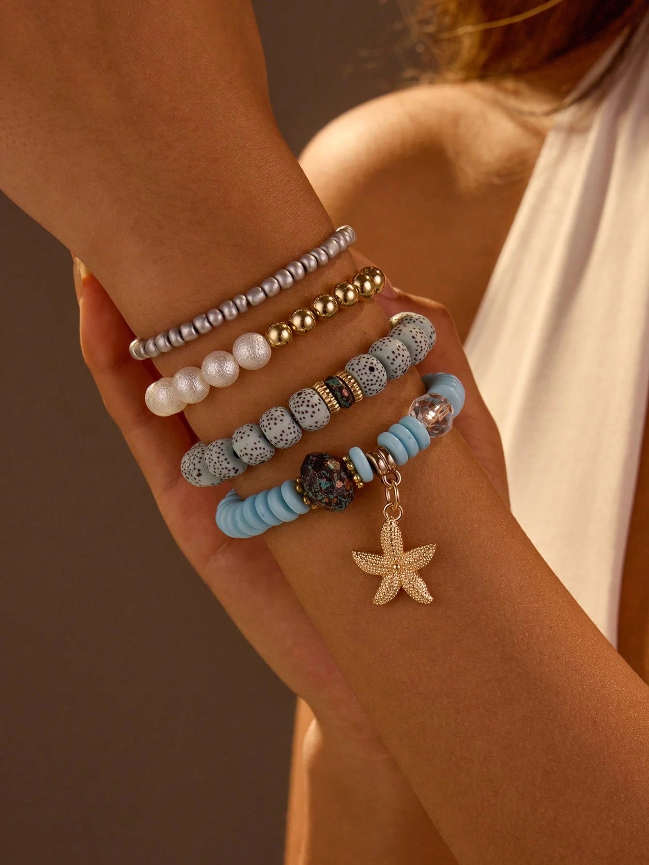 4pcs Women's Bohemian Style Ocean Element Natural Stone Beaded Starfish Decor Bracelets