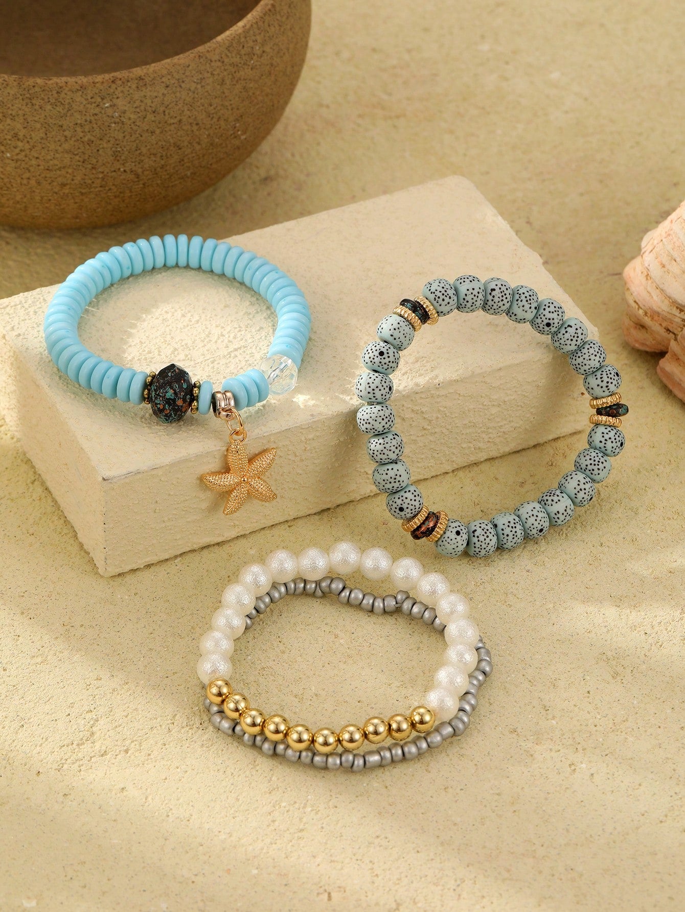 4pcs Women's Bohemian Style Ocean Element Natural Stone Beaded Starfish Decor Bracelets