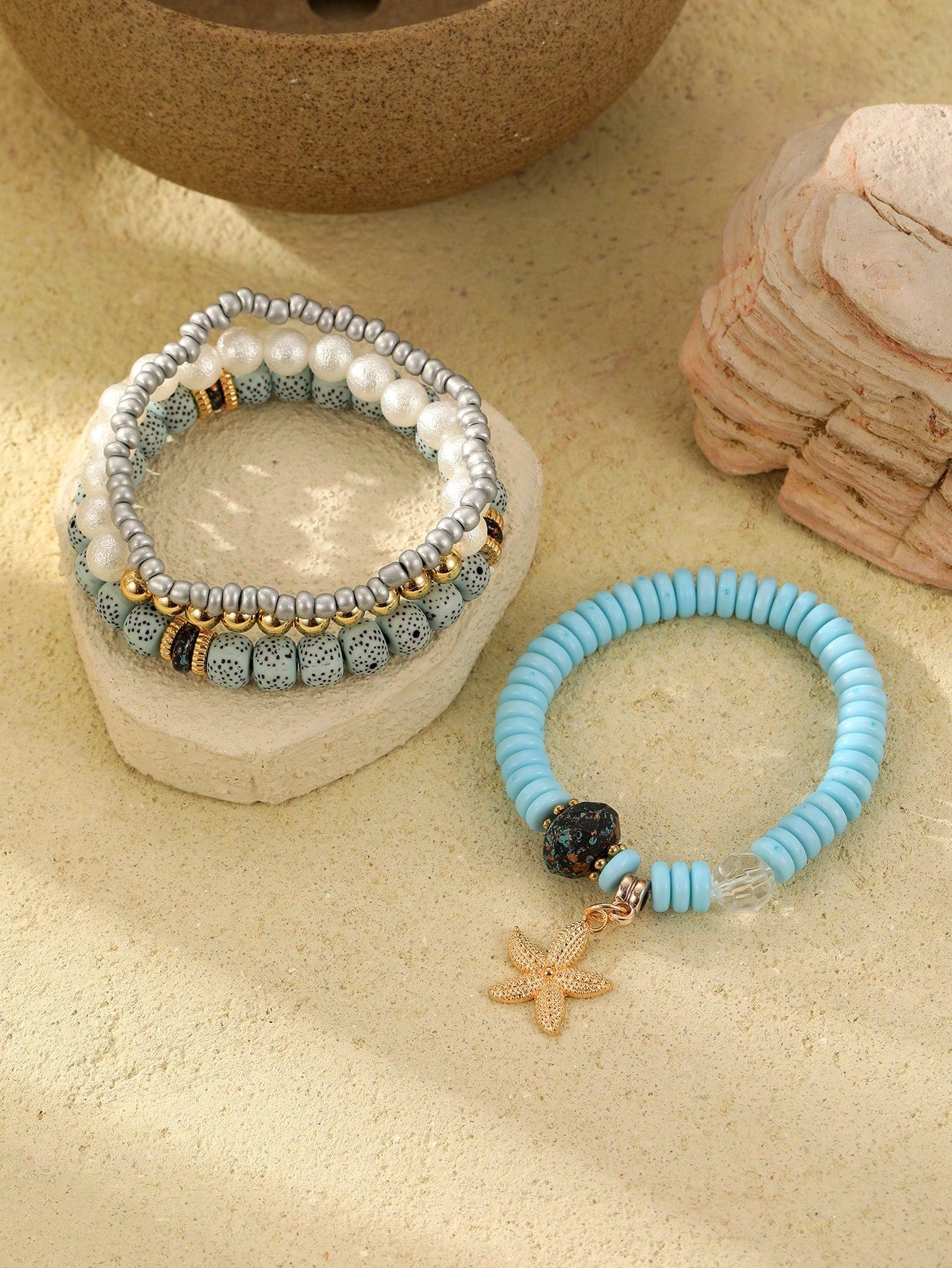 4pcs Women's Bohemian Style Ocean Element Natural Stone Beaded Starfish Decor Bracelets