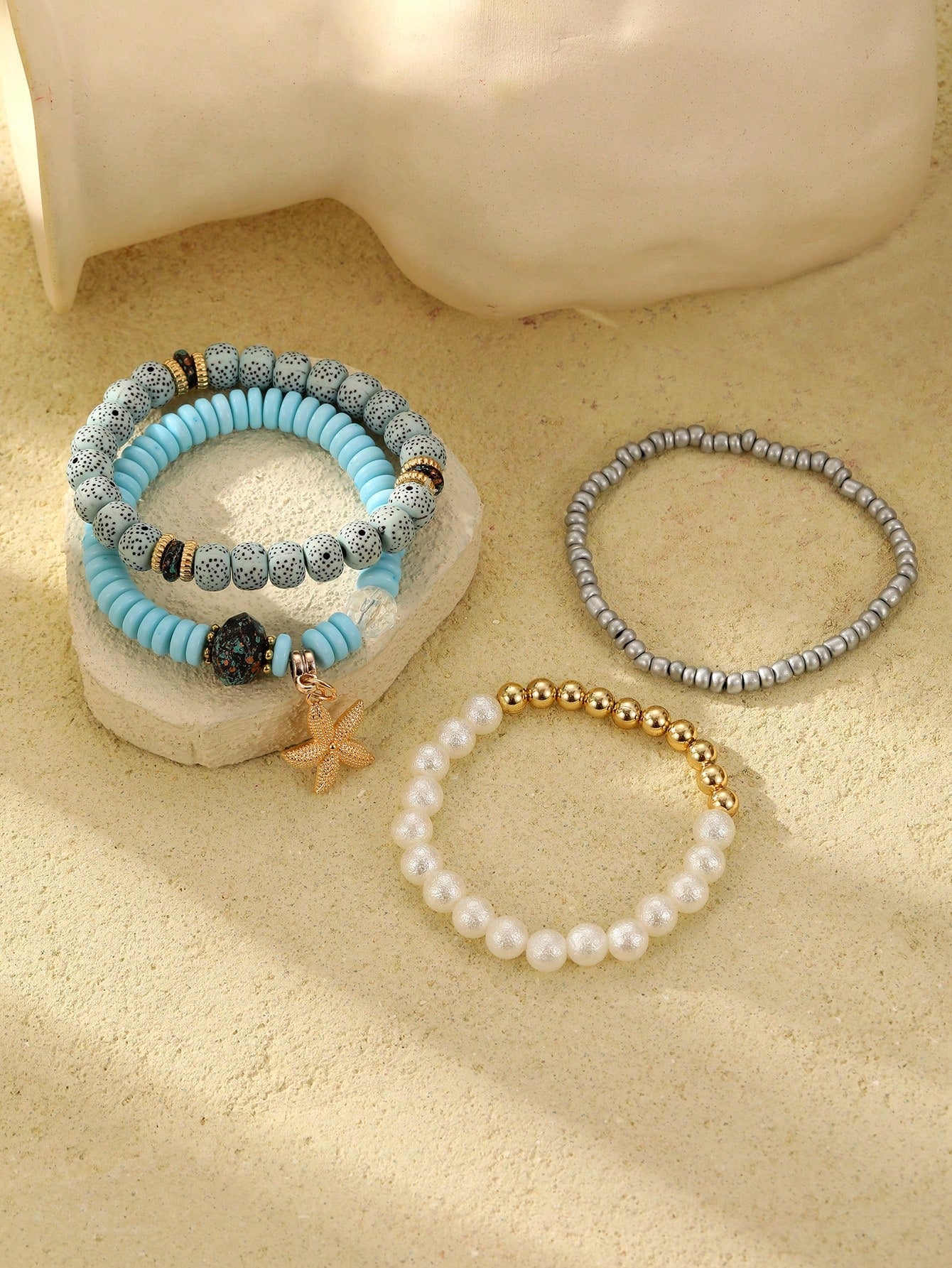 4pcs Women's Bohemian Style Ocean Element Natural Stone Beaded Starfish Decor Bracelets