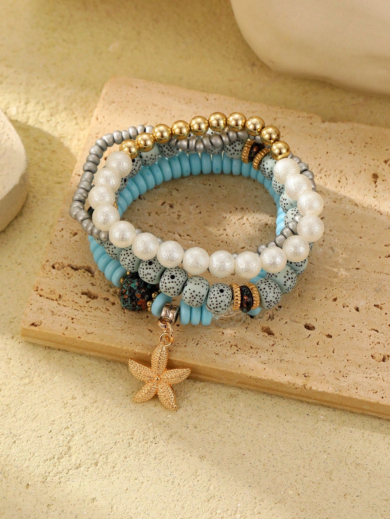 4pcs Women's Bohemian Style Ocean Element Natural Stone Beaded Starfish Decor Bracelets