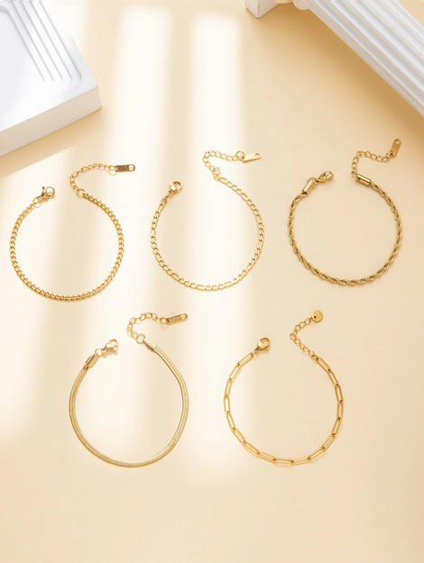 5pcs 14K Gold Plated Stainless Steel Fashion Braided Chain Snake Chain Pearl Chain Bracelets