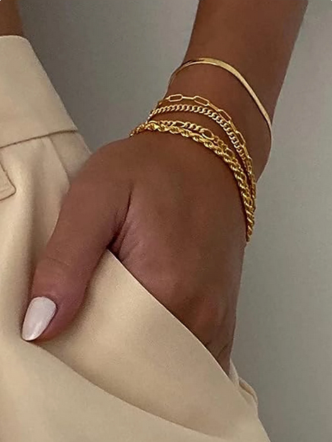 5pcs 14K Gold Plated Stainless Steel Fashion Braided Chain Snake Chain Pearl Chain Bracelets