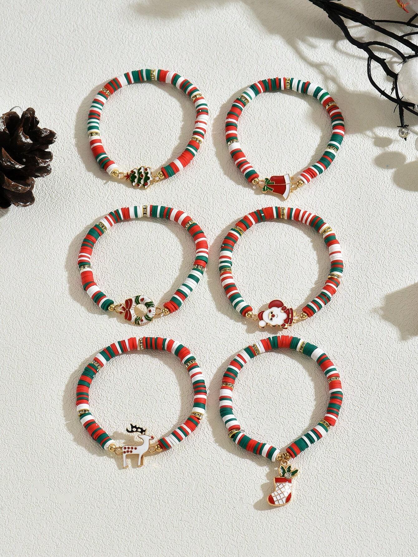 6pcs/Set Reindeer, Santa Claus, Christmas Tree Soft Ceramic Decorative Bracelet