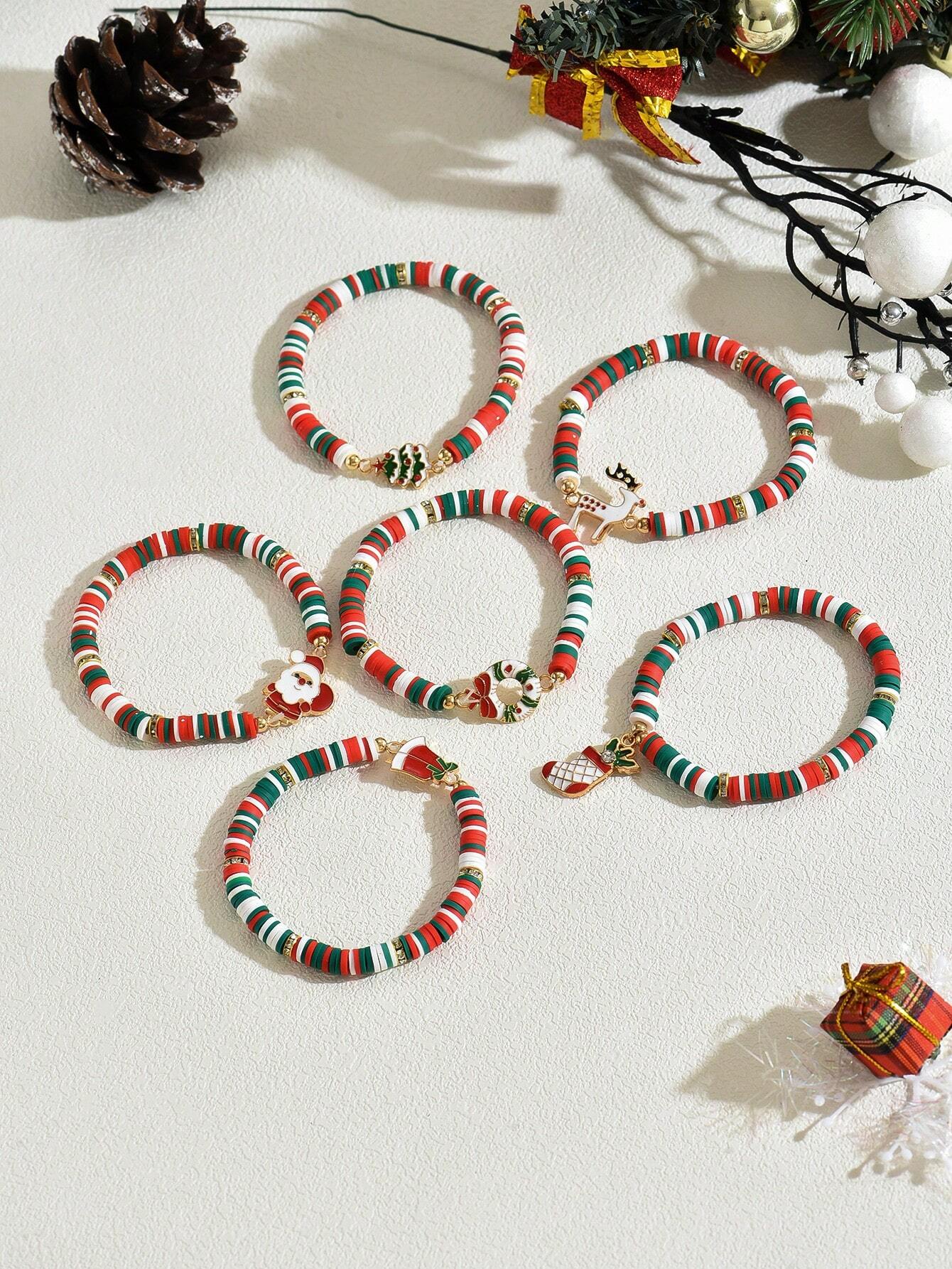 6pcs/Set Reindeer, Santa Claus, Christmas Tree Soft Ceramic Decorative Bracelet