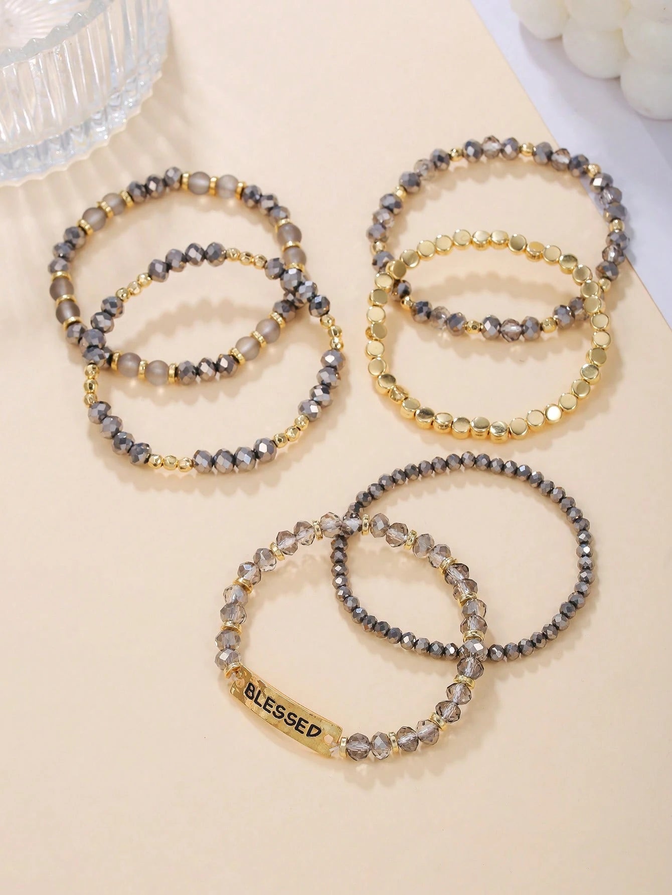 6pcs/Set Bohemian Style Acrylic Beaded Pendant Multilayer Elastic Bracelets