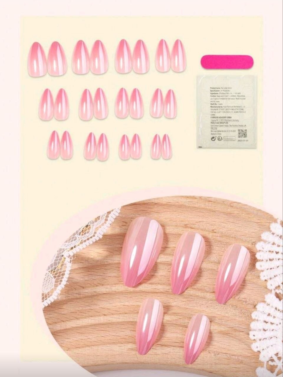 Acrylic Nails, 24pcs Medium Almond Shape, Press On Nail Tips, Pink Gradient False Nails Set