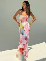 Aloruh Women's Pink Floral Watercolor Ombre Gradient Print Backless Halter Maxi Dress