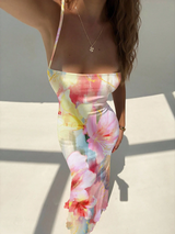 Aloruh Women's Pink Floral Watercolor Ombre Gradient Print Backless Halter Maxi Dress
