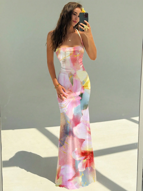 Aloruh Women's Pink Floral Watercolor Ombre Gradient Print Backless Halter Maxi Dress