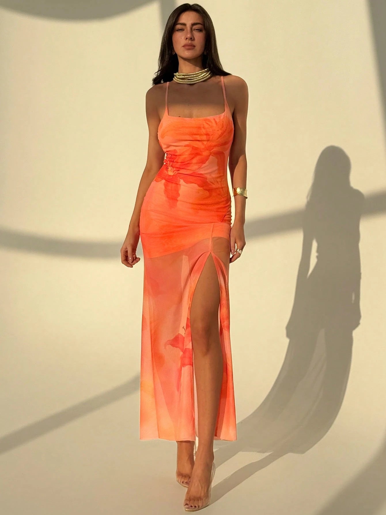 Aloruh Orange Floral Mesh Maxi Slit Bodycon Slip Dress