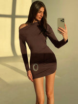 Aloruh Women's Minimalist Solid Color Asymmetrical Neck Metal Buckle Bodycon Mini Dress