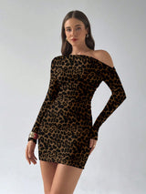 Aloruh Women's Sexy Leopard Print Ruched Waist Asymmetric-Shoulder Bodycon Mini Dress