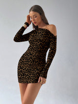 Aloruh Women's Sexy Leopard Print Ruched Waist Asymmetric-Shoulder Bodycon Mini Dress