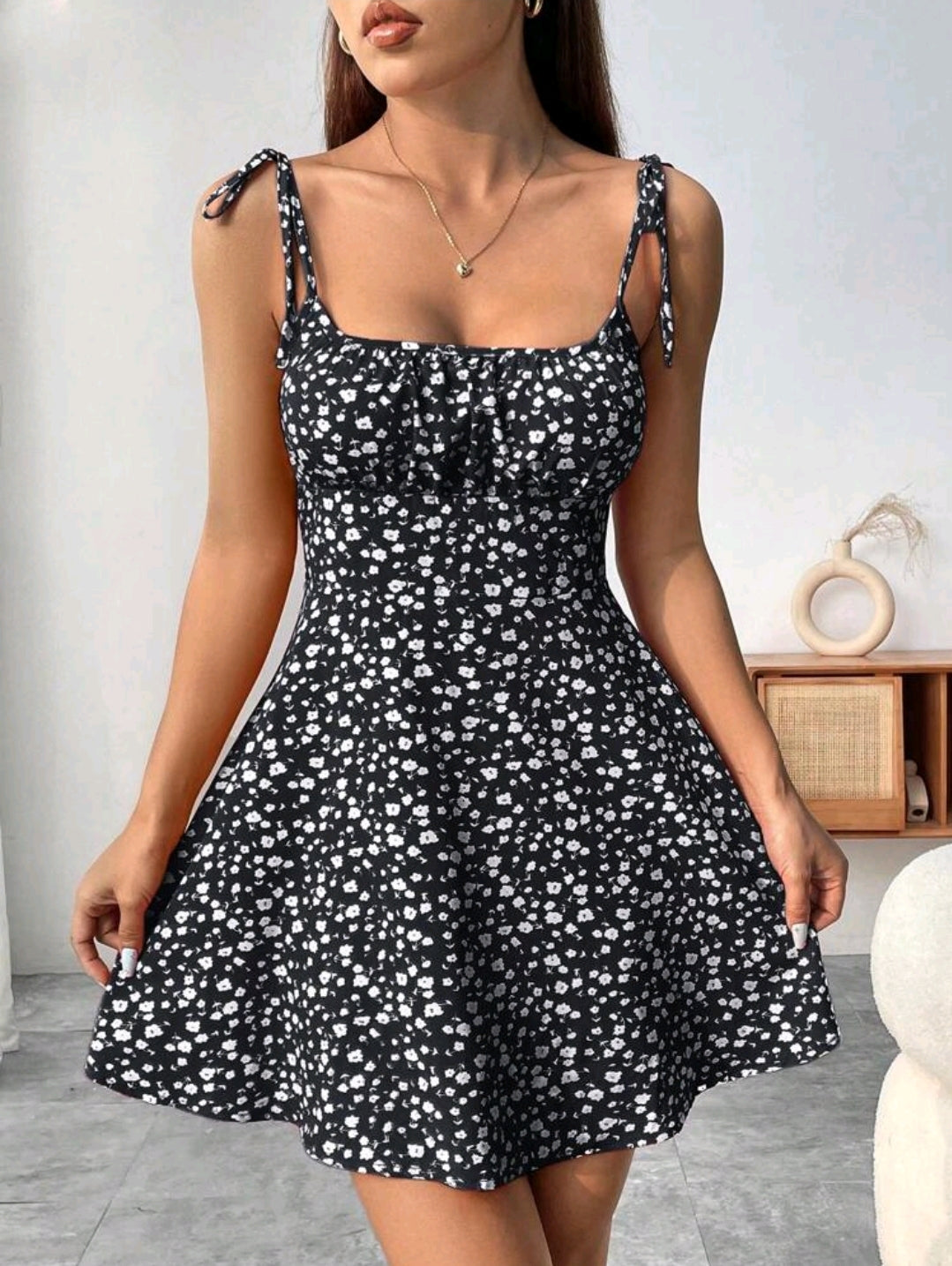 Breezaya Floral Print Shoulder Tie Strap Midi Dress
