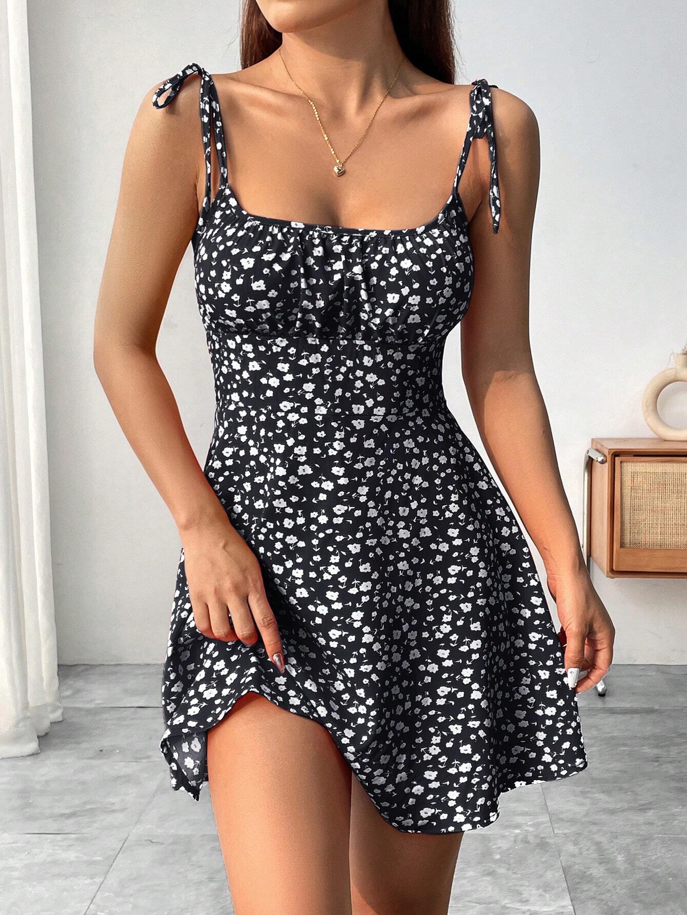 Breezaya Floral Print Shoulder Tie Strap Midi Dress