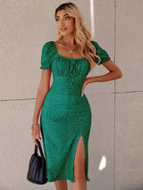 Breezaya Polka Dot Puff Sleeve Tie Front Ruched Bust Slit Hem Dress Maxi