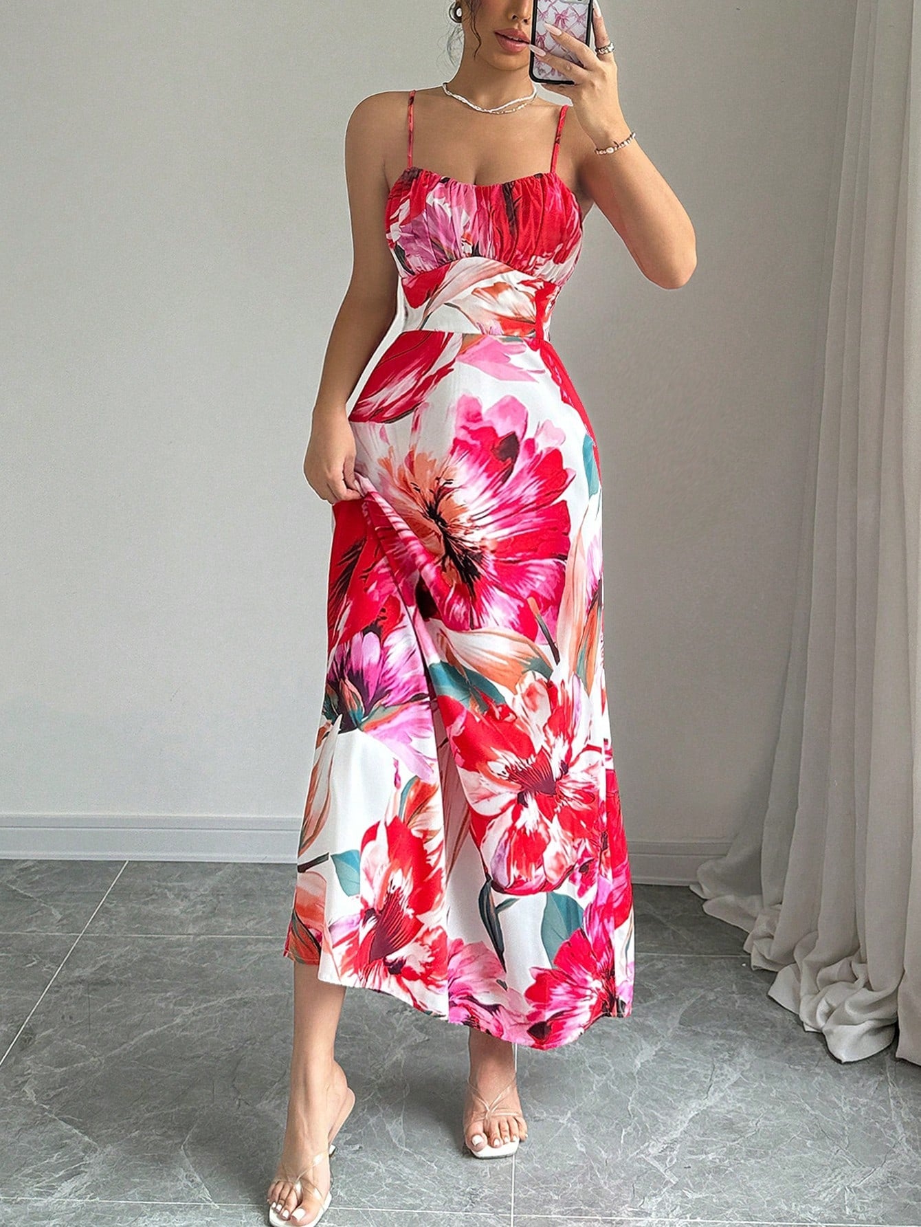 Calvaya Flower Print Slim Fit Spaghetti Strap Dress